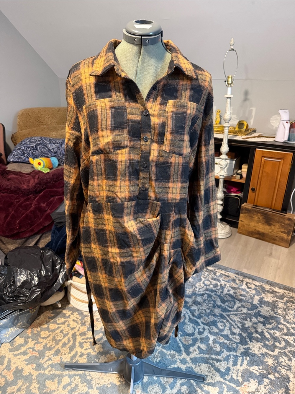 Blooming Jelly Women’s Long-Sleeve Plaid Shirt Dress in Black and Orange
